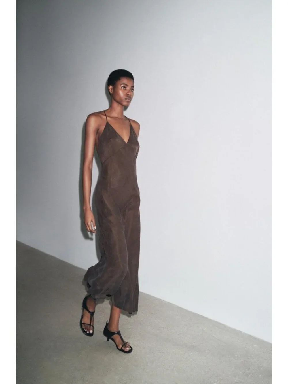 Zara ZW Womens Slip Dress XL Brown Maxi Vneck Open Back Sleeveless 2548/043 NWT
